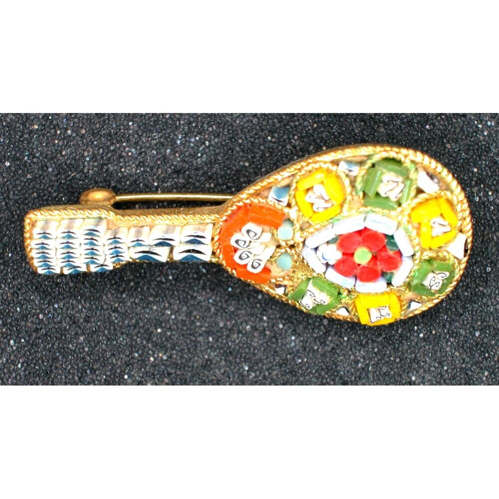 Vintage Italian Micro Mosaic Mandolin Brooch Pin Handmade Gold Tone
